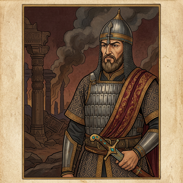Artistic portrait of Qutbuddin Aibak, the first Sultan of Delhi — depicted as a Central Asian military commander in chainmail and battle armor, stern-faced, representing the historical figure who founded the Mamluk (Slave) Dynasty of the Delhi Sultanate on the ruins of ancient Indian Hindu civilization
