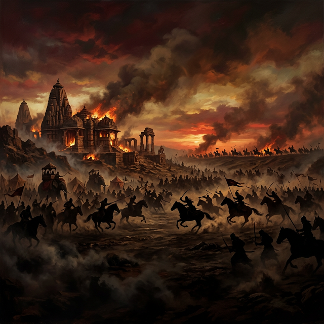 Wide panoramic depiction of medieval Indian battlefield circa 1206 CE — silhouettes of soldiers on horseback against a dramatic crimson and gold sunset sky, ancient temple ruins visible in the distance, atmospheric battlefield haze representing the conquest of India by Qutbuddin Aibak and the founding of the Delhi Sultanate on the ruins of Hindu civilization