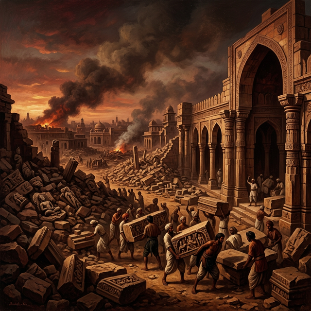 Historical artistic depiction of the construction of the Quwwat-ul-Islam mosque in Delhi, circa 1193 CE — showing the reuse of 27 demolished Hindu and Jain temple columns and materials, with Hindu carved relief work still visible on the repurposed pillars, representing one of the most documented acts of religious-cultural erasure in medieval Indian history