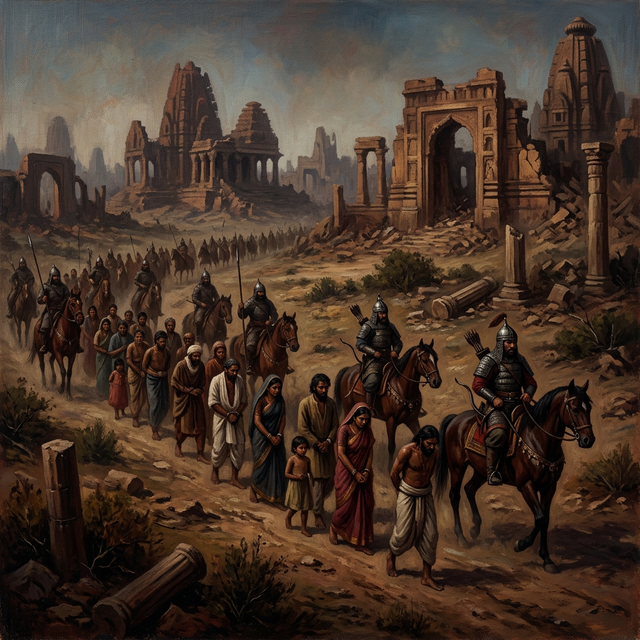 Historical painting depicting Buddhist monks fleeing the burning of Nalanda University in 1193 CE under Bakhtiyar Khilji who operated under Qutbuddin Aibak's command — one of the worst acts of cultural destruction in human history