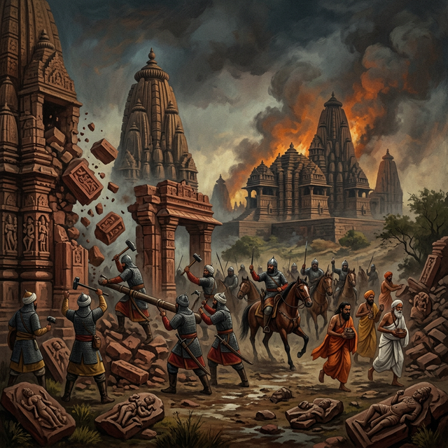 Historical painting of Hindu temples being demolished by Qutbuddin Aibak's forces across northern India, with columns crumbling, sacred idols being destroyed, and cities being plundered
