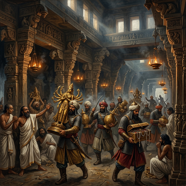 Historical painting of Qutbuddin Aibak's soldiers looting Gujarat's ancient Hindu temples, carrying gold idols, sacred treasures, and jewels from temple interiors during the sack of Anhilwara in 1195 CE